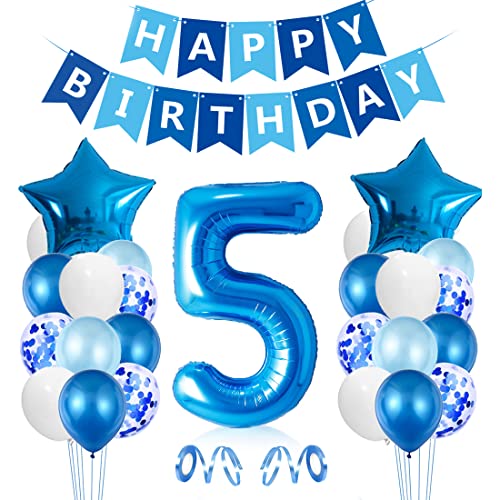 Palloncini Compleanno 5 Anni, Kit Compleanno Bambino 5 Anni, Decorazioni Palloncini Blu, Palloncino Numero 5 Gigante, Banner Lattice Coriandoli Pallon