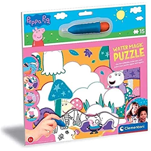 Clementoni- Puzzle Water Magic Peppa Pig 15Pzs Pig-15 Pezzi-Made In Italy, Bambini 3 Anni, Colorare (Pittura Ad Acqua), Pen, Cartoni Animati, Multicol