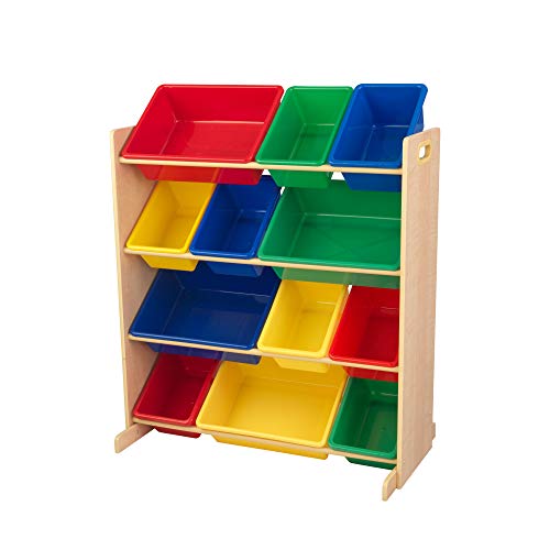 Kidkraft Scaffale Portaoggetti In Legno Con 12 Contenitori Plastica Di Colori Primari Per Giocattoli, Mobile Porta Giochi Bambini, Mobili Per Camerett