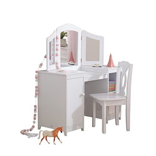 Kidkraft Toeletta Deluxe Bianca Con Specchio E Sedia In Legno Per Bambini, Tavolo Toilette Da Trucco A Scomparto Con Ripiani, Postazione Trucco, Mobil