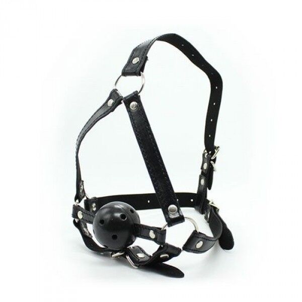 Morso Bavaglio Harness Full Head in Ecopelle con Morso BallGag Traforata Nera