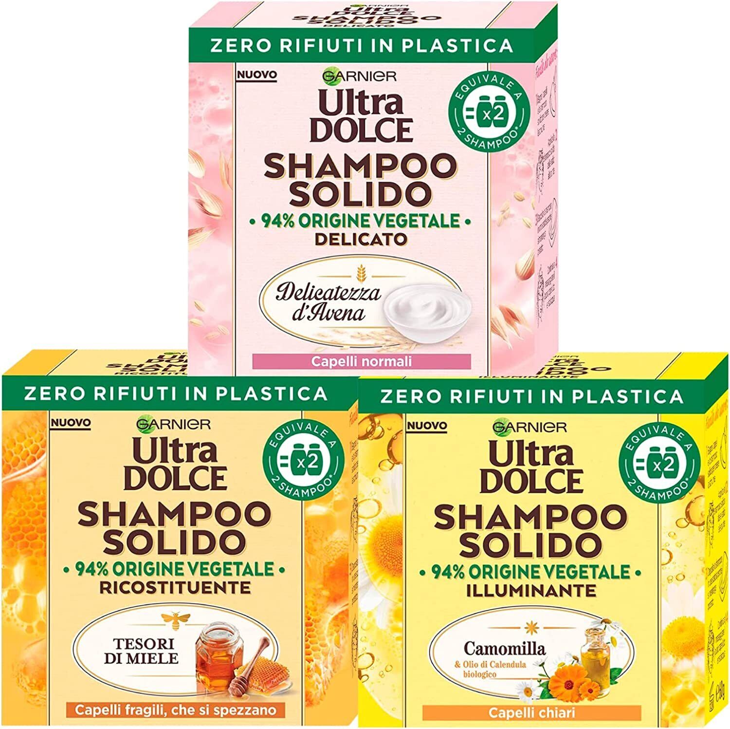 Garnier Ultra Dolce Shampoo Solido Tesori di Miele 3 Shampoo Solidi da 60g