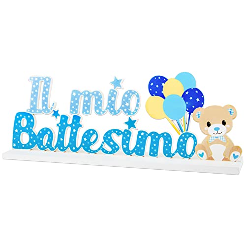 Betessin Decorazione Battesimo Bambini Centrotavolo Scritta Il Mio Battesimo Legno Blu Orso Palloncini Decorazione Tavolo Festa Bomboniere Confetti Na