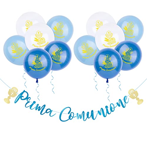 Festone Prima Comunione Bambino12Pz Palloncini Prima Comunione Ghirlanda Striscionei Carta Blu Oro Addobbi Con Calice Decorativo Per Comunione Bimbo M
