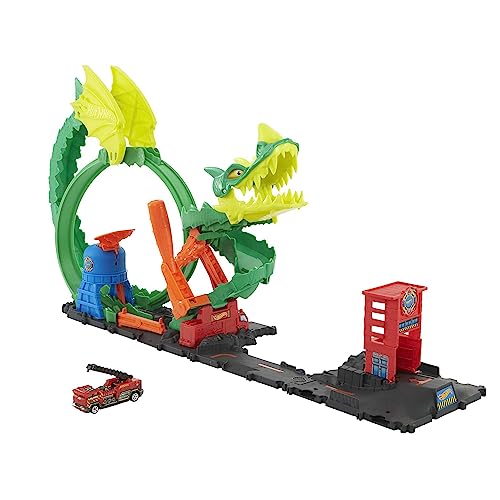 Hot Wheels City - Dragone Di Fuoco, Set Da Gioco Con Stazione Vigili Del Fuoco E Pista-Corpo Del Drago Da Sconfiggere, 1 Macchinina Inclusa, Giocattol
