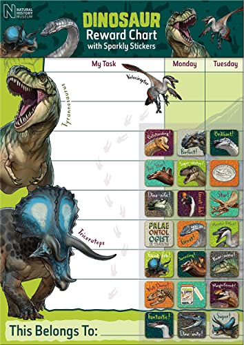 Paper Projects- Dinosaurs Grafico Ricompensa Dei Dinosauri Del Museo Di Storia Naturale | Include 56 Adesivi Scintillanti, La Tabella Colorata È Lavab