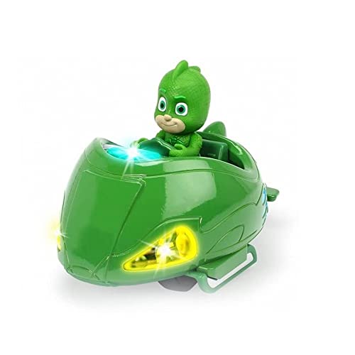 Dickie Toys Pj Masks Mission Racer Geco - Veicolo Ruote Libere, Pressofuso, Luci E Suoni, Riproduzione Della Sigla Del Cartone Animato Figura Geco, 12
