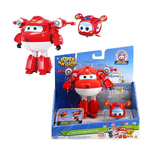 Super Wings Eu750421 Supercharged Jett & Mini Super Pet Jett, Transformer Toys For 3+ Year Old Boy Girl, Red