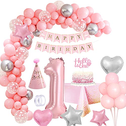 Decorazioni Compleanno 1 Anno Bambina Rosa Palloncini Compleanno Bimba, 40"Palloncini Numeri 1, Addobbi Compleanno Happy Birthday Ghirlanda Tovaglia P