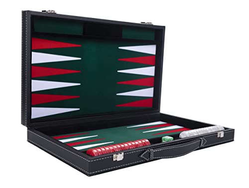 Engelhart - Backgammon De Lujo 45,5 Cm Piel Simili, Incrustaciones Especiales De Fieltro - Dados Y Fichas Nacaradas + 2 Tazas (Verde/Rosso/Bianco)