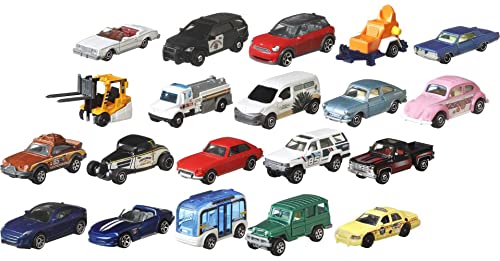 Matchbox - Confezione Da 20 Veicoli Originali E Ufficiali Da Collezione, Auto E Truck In Metallo In Scala 1:64 E Poster Matchbox Incluso, Giocattolo P