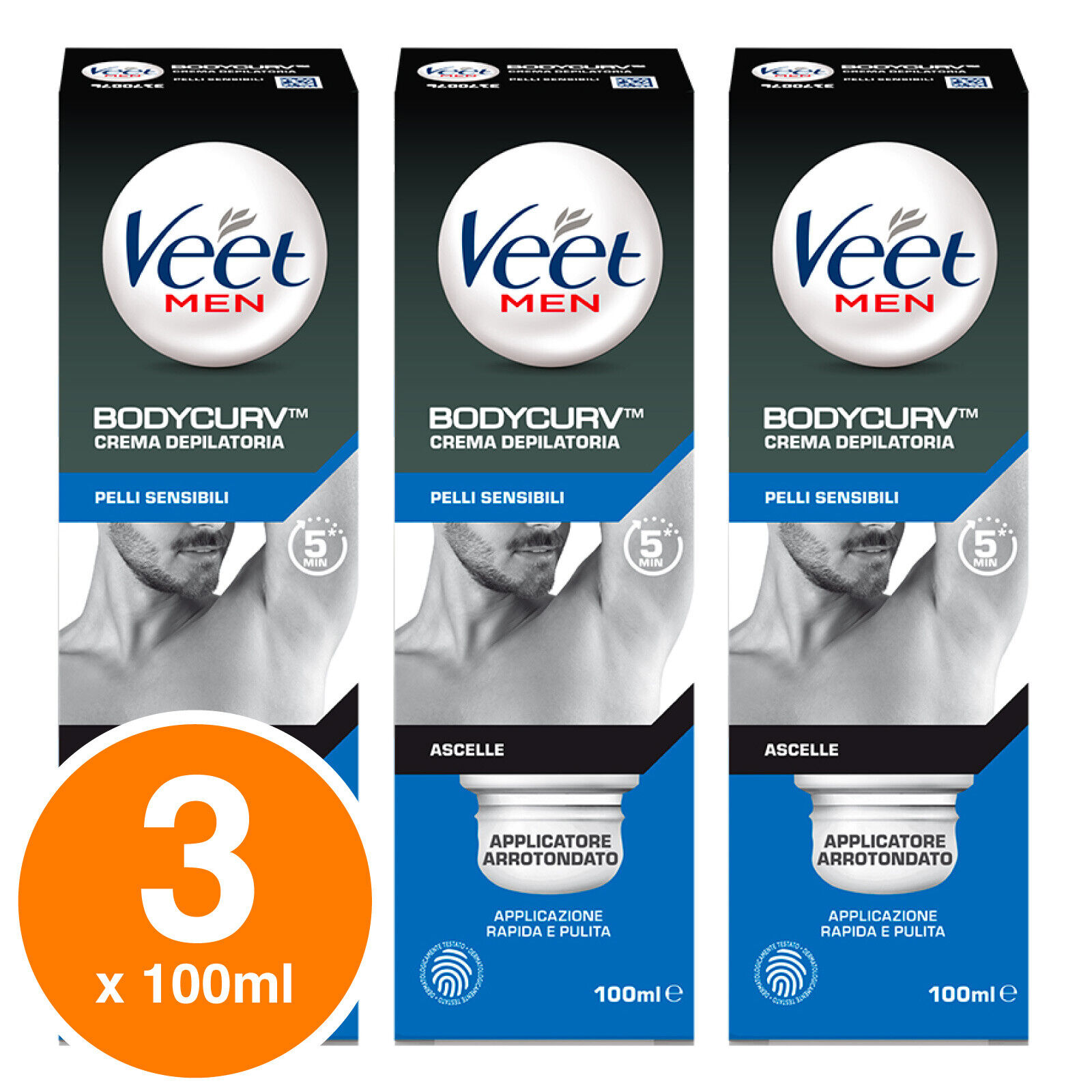 Veet Men Crema Depilatoria Ascelle per Uomo Pelli Sensibili BodyCurv - 3x 100 ml