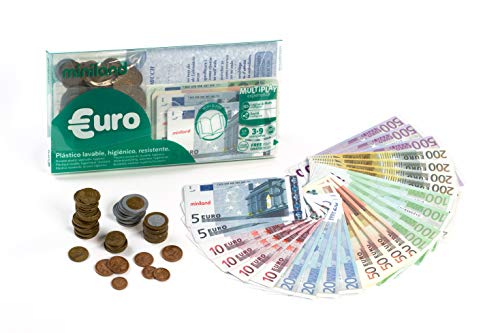 Miniland- Set Euro Portafoglio : 28 Banconote + 80 Monete, Multicolore, 1