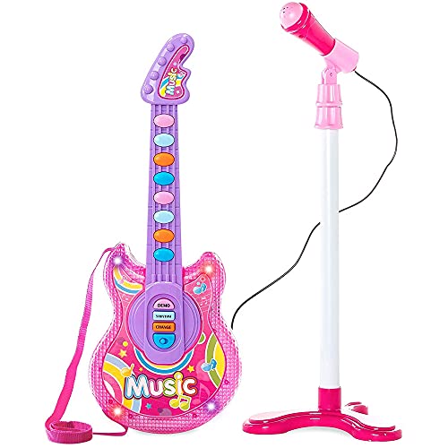 Bakaji Chitarra Elettrica + Microfono Karaoke Giocattolo Bambini Con 8 Pulsanti Note 12 Canzoni Demo Effeti Luce Altezza Microfono Regolabile Con Atta