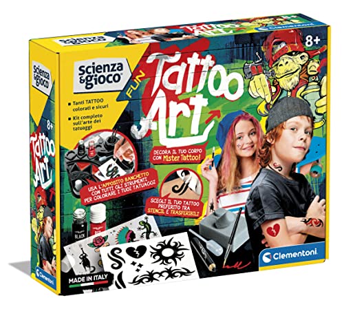 Clementoni- Scienza E Gioco Fun-Tattoo Art-Fabbrica Bambini, Kit Temporanei, Set Tatuaggi, Laboratorio Scientifico 8 Anni, Versione In Italiano, Made 