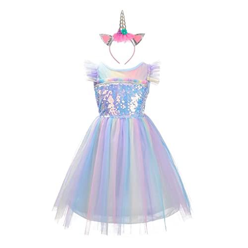 Lito Angels Vestito Da Principessa Di Compleanno Unicorno Con Cerchietto In Corno Per Bambina, Taglia 2-3 Anni, Arcobaleno Blu