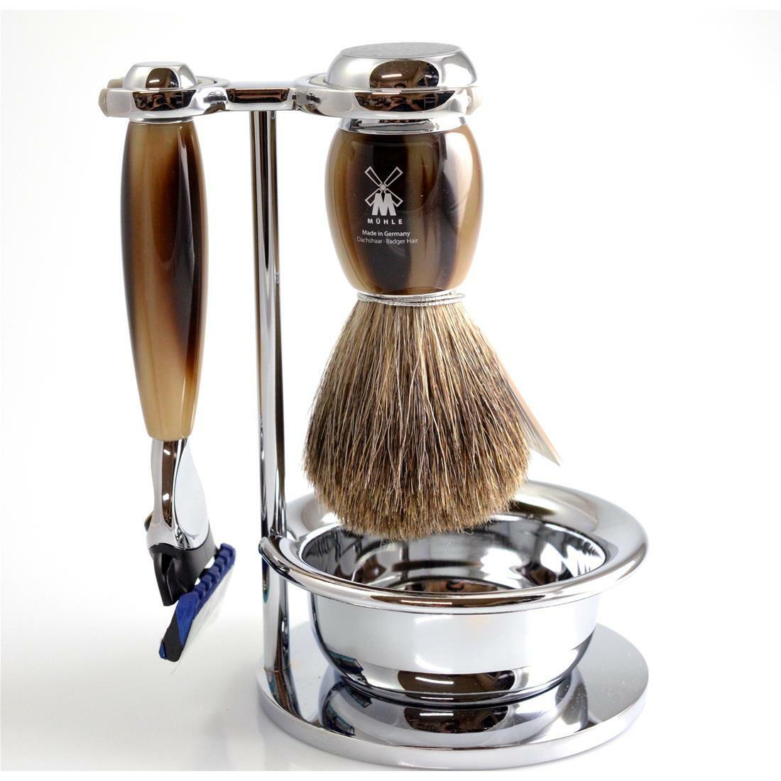 SET COMPLETO DA BARBA MUHLE  FINTO CORNO S81M332SF PENNELLO TASSO RASOIO 5 LAME
