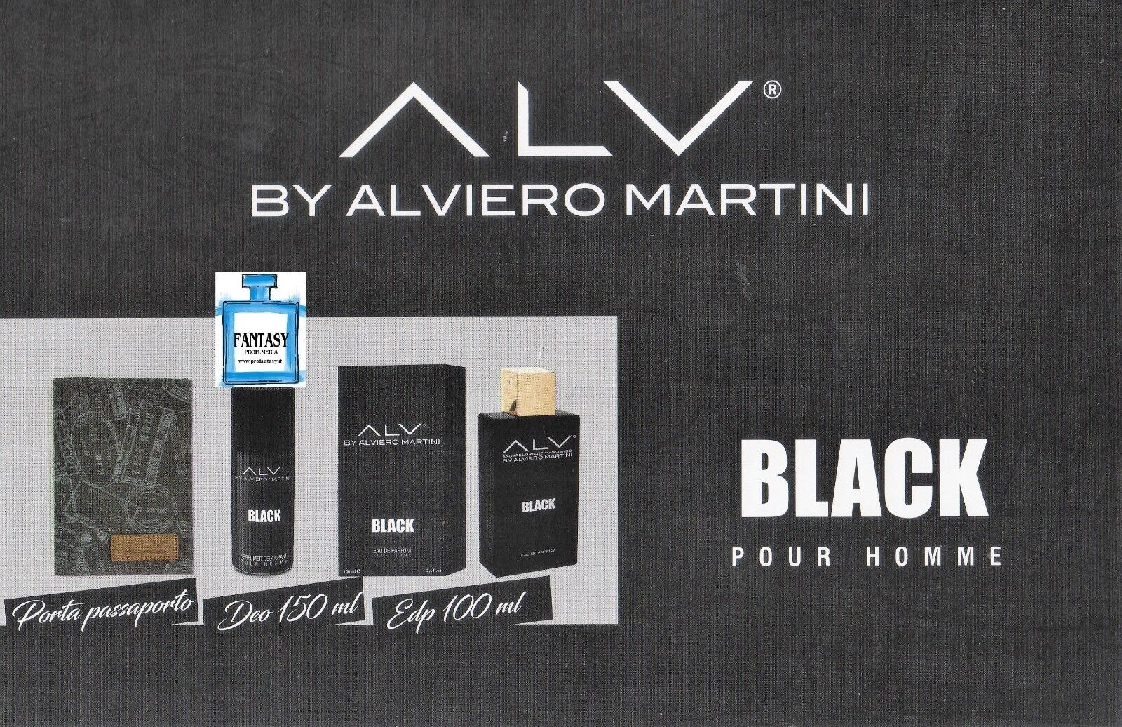 Alv Black Pour Homme Eau de Parfum Ml.100 + Deo Ml.150 + Porta passaporto