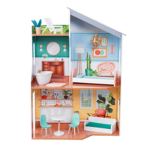 Kidkraft Casa Delle Bambole In Legno Emily Con Accessori E Mobili Inclusi, Casa A 3 Livelli Di Gioco Con Terrazza Sul Tetto Per Bambole 30Cm, Giocatto
