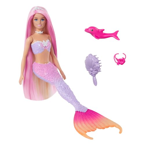 Barbie - Malibu Sirena, Bambola Con Capelli Rosa E Accesory Per Lo Styiling, Funzione Cambia Colore In Acqua, Cucciolo Di Delfino Incluso, Giocattolo 