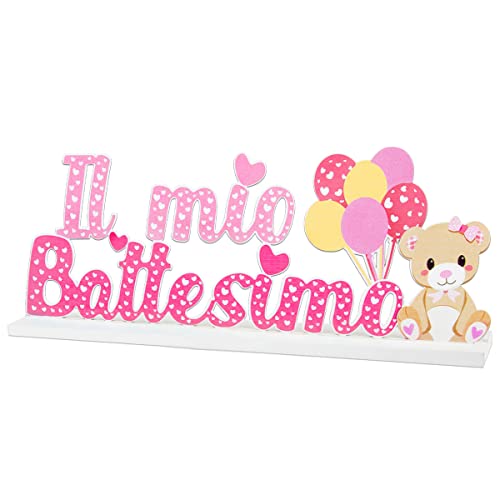 Betessin Decorazione Battesimo Bambina Centrotavolo Scritta Il Mio Battesimo Legno Rosa Orso Palloncini Decorazione Tavolo Festa Bomboniere Confetti N