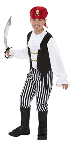 Smiffy'S- Smiffys Costume Da Pirata, Camicia, Pantaloni, Copri-Scarpe, Sciarpa Sc Ragazzo, Nero & Bianco, 4-6 Anni, 25761S