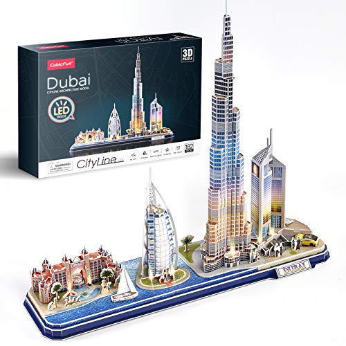 Cubicfun Puzzle 3D Led Dubai Architecture Model Kit Per Bambini E Adulti, Atlantis The Palm Dubai, Burj Al Arab Jumeirah Hotel, Burj Khalifa, Emirates