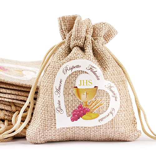 24Pz Sacchetti Comunione Bomboniere Cresima Bambini Portaconfetti Iuta Con Cuore Calice Confetti Regalo Decorazione Segnaposto Per Festa Prima Comunio