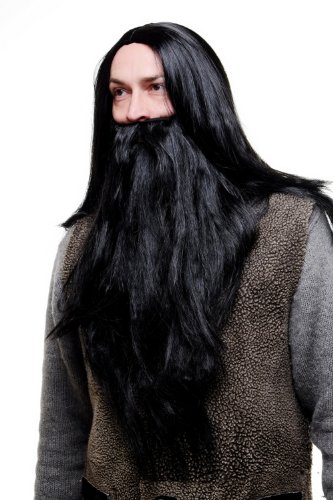 Wig Me Up Set Parrucca E Barba: Nero Per Mago Noè Mosè Guru Rocker Biker Pw0210-P103