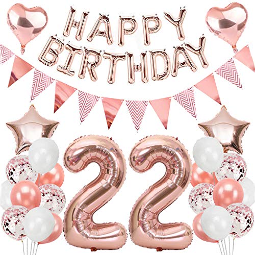 Ouceanwin Palloncini 22 Anni Compleanno Oro Rosa, Giganti Foil Palloncini Numero 22, Palloncini Happy Birthday Striscione, Festa Di Compleanno Kit Dec