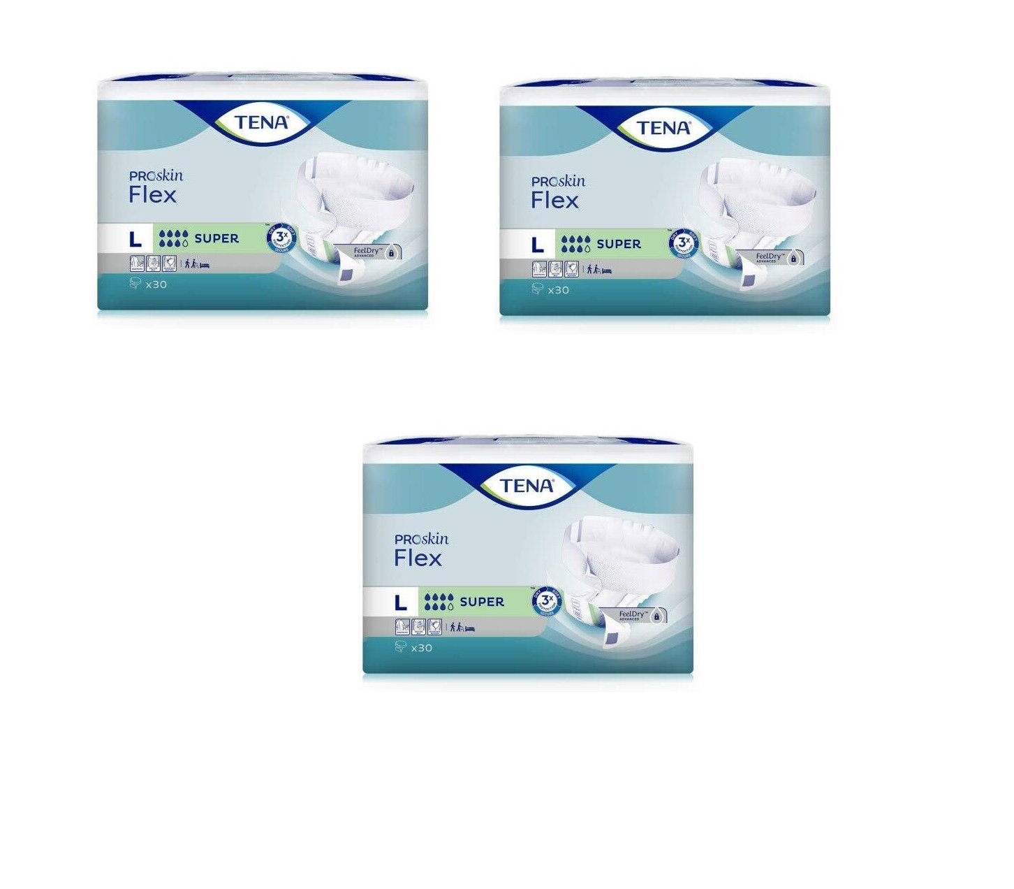 3 PACCHI TENA FLEX SUPER TG. L DA 30 PEZZI PANNOLONE A CINTURA