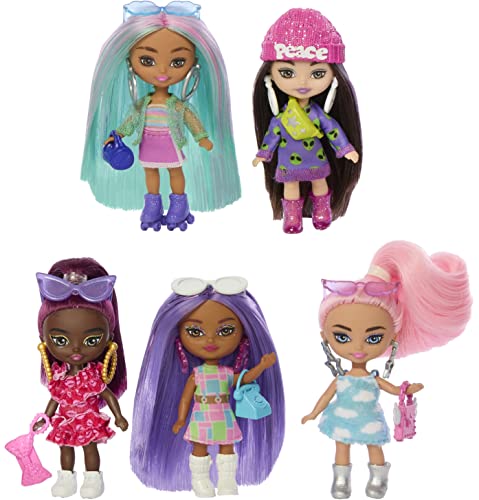 Barbie, Extra Mini Minis, Confezione Da 5 Mini Bambole Alte 8+ Cm, Ciascuna Con Abiti Colorati Per Look Alla Moda, Borsette E Accessori Inclusi, Gioca