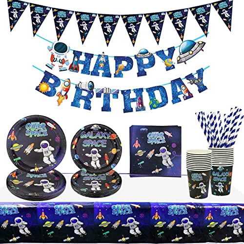 Forniture Per Feste Nello Spazio Esterno - Banner Di Buon Compleanno A Tema Galaxy Planet, Piatti, Tovaglioli, Tazza, Cannucce E Tovaglie Per Addobbi