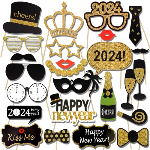 Howaf 2024 Capodanno Photo Booth Props Foto Booth Capodanno Accessori Fai Da Te Occhiali Baffi Labbra Cappelli Capodanno Gadget Per Feste Di Capodanno