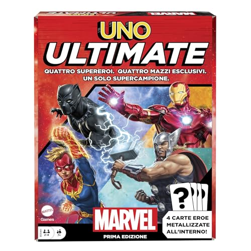Mattel Games Uno Ultimate Marvel, Gioco Con 4 Carte Laminate Da Collezione E Supereroi Black Panther, Captain Marvel, Iron Man E Thor, Giocattolo Per
