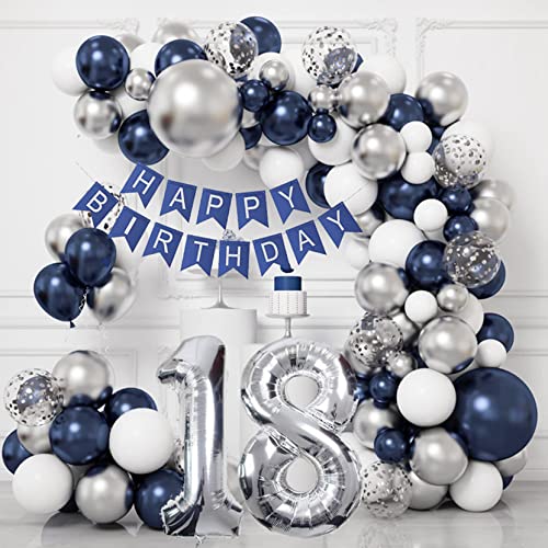 Palloncini 18 Anni Compleanno, Decorazioni 18 Anni Compleanno Ragazzo Con Striscione 18 Compleanno, Blu Argento Palloncini Compleanno 18 Anni Per Raga