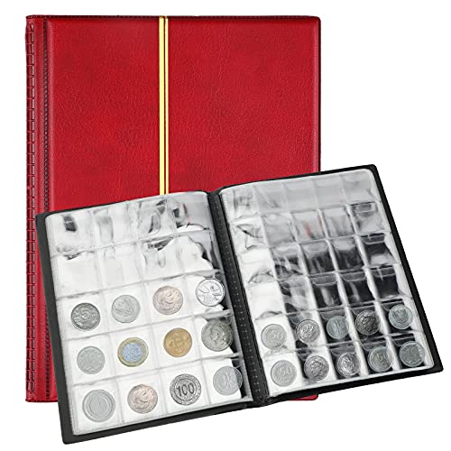 Savita Album Per Monete Da 250 Tasche Libro Da Collezione Di Monete In Pelle Da 10 Pagine Libro Da Collezione Penny Per Collezionisti Di Monete (Rosso