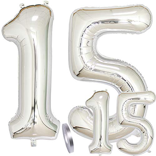 4 Numero Di Palloncini 15, Numeri 15 Anni Compleanno Decorazioni Argento Bambina Ragazza Ragazzo Uomo,Gigante 40"E Mini 16" Foil Elio Palloncino Gonfi