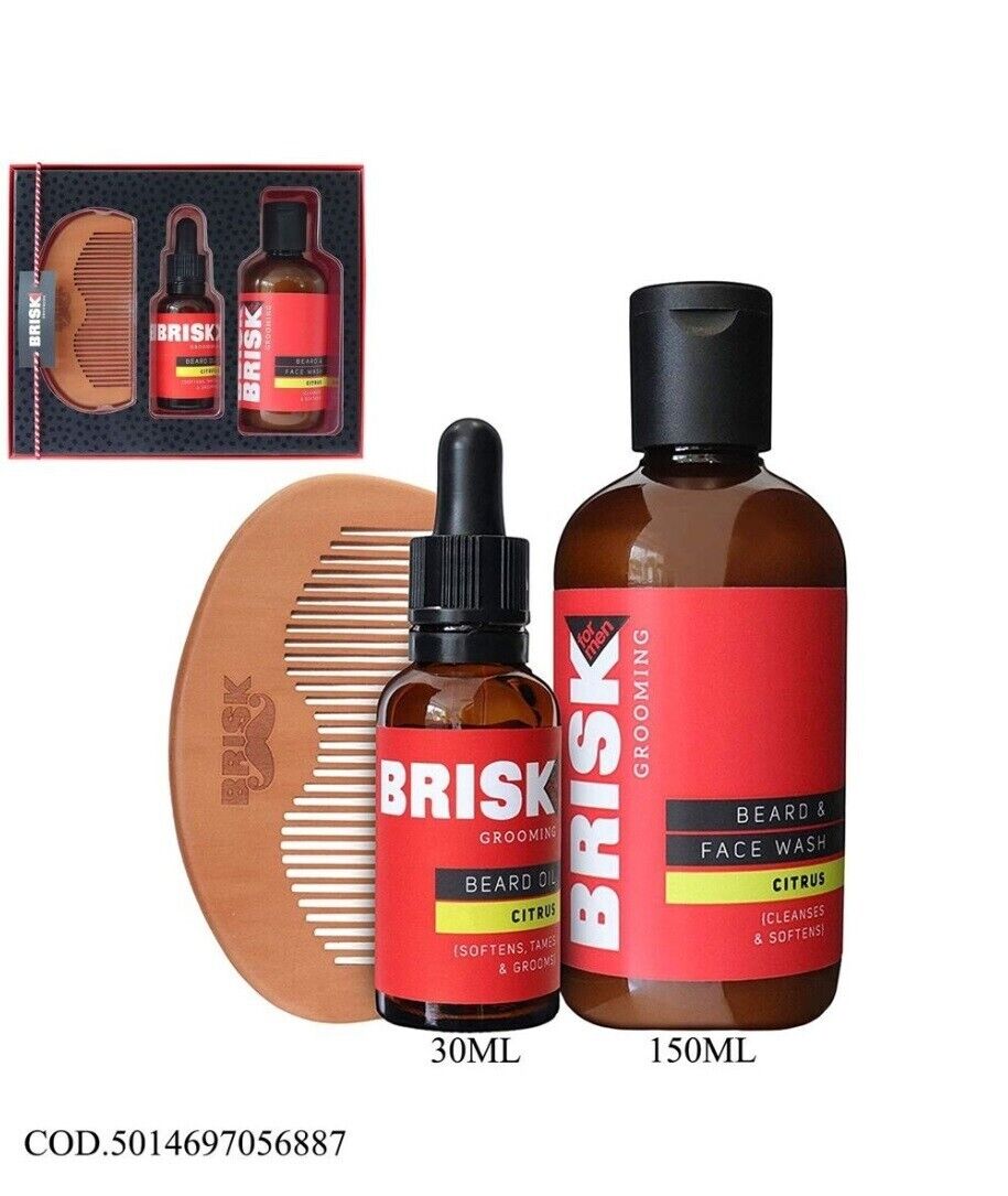 BRISK KIT BARBA CON SHAMPOO AGLI AGRUMI 150ML + OLIO AGLI AGRUMI 30ML + PETTINE