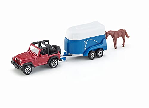 Siku 1651, Jeep Con Rimorchio Per Cavalli, Metallo E Plastica, Multicolor, Con 1 Cavallo Giocattolo, Sponda Posteriore Apribile