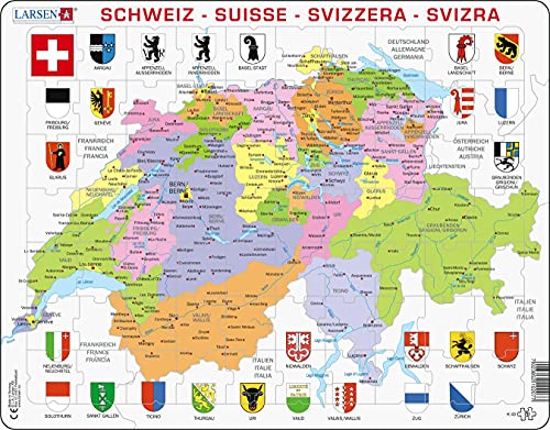 Larsen K43 Mappa Politica Della Svizzera, Edizione Multilingue (Tedesco/Francese/Italiano), Puzzle Incorniciato Con 70 Pezzi