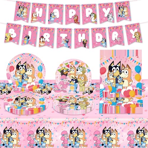 Kit Compleanno, 41 Pezzi Stoviglie Per Feste Di Compleanno Bluey Dog Compleanno Decorazioni Kit Di Forniture Per Feste Per Bambini Inclusi Tovaglia Co