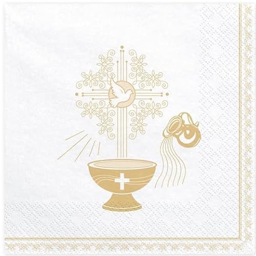 Tovaglioli Per La Prima Comunione, Cresima, Battesimo, Cresima, Bianco, Oro Colomba Calice 20 Pezzi Decorazione Da Tavolo