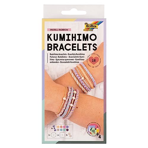Folia- Mode 32039-Braccialetti Kumihimo Pastell Rainbow, Kit Di 16 Pezzi Con Filato, Dischi Per Annodare E Perline, Istruzioni Incluse, Multicolore, 3