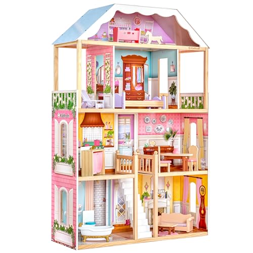 Kidkraft Casa Delle Bambole In Legno Charlotte Con Accessori E Mobili Inclusi, Casa A 4 Livelli Di Gioco Con Balcone Per Bambole 30Cm, Giocattolo Per