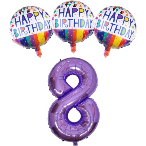 Diwuli Set Di Palloncini, Palloncino Numero Xxl Viola, Numero 8, Happy Birthday Palloncini In Foil Bianchi Colorati 8° Compleanno Bambini Ragazzo Raga