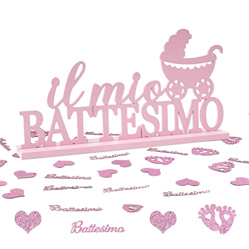 Decorazione Battesimo Bambina Centrotavolo Scritta Il Mio Battesimo Legno 60Pz Coriandoli Carta Glitter Rosa Decorazione Tavolo Festa Bomboniere Confe