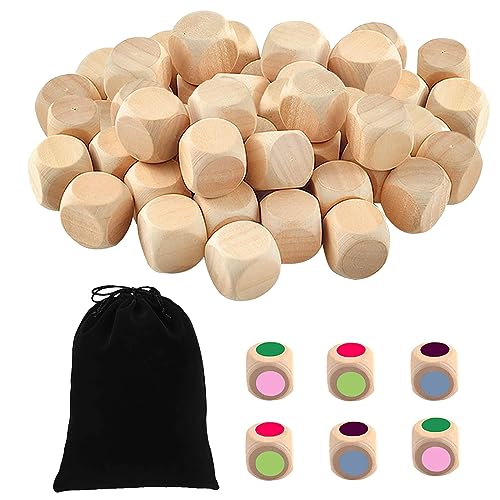 Msteco 50 Pezzi Dadi In Legno Non Verniciato, 6 Lati Dadi Vuoti, Dadi Di Legno Semplici Con Angoli Arrotondati, 20 Mm Cubi In Legno Grezzo Dadi, Per F