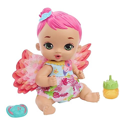 My Garden Baby - Bambola Junior Fenicottero Rosa Con Pannolino Riutilizzabile, Biberon E Tanti Altri Accessori, Giocattolo Per Bambini, 3+ Anni, Hpd12