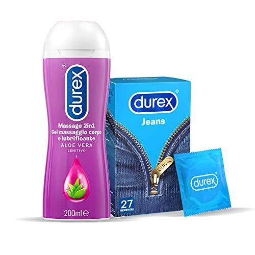 Durex Jeans 27 Preservativi  + Durex Massage 2 in 1 con Aloe Vera